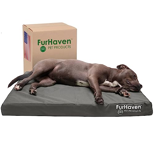 Furhaven Large Memory Foam Dog Bed Water-Resistant Indoor/Outdoor Logo Print Oxford Polycanvas Mattress w/Removable Washable Cover - Stone Gray, Large von Furhaven