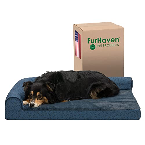 Furhaven Large Orthopedic Dog Bed Plush & Almond Print L Shaped Chaise w/Removable Washable Cover - Blue Almonds, Large von Furhaven