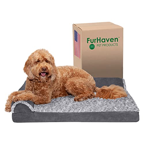 Furhaven Large Orthopedic Dog Bed Two-Tone Faux Fur & Suede L Shaped Chaise w/Removable Washable Cover - Stone Gray, Large von Furhaven