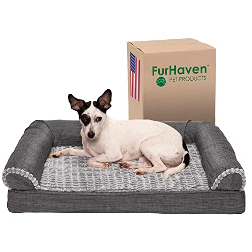 Furhaven Medium Memory Foam Dog Bed Luxe Faux Fur & Performance Linen Sofa-Style w/Removable Washable Cover - Charcoal, Medium von Furhaven