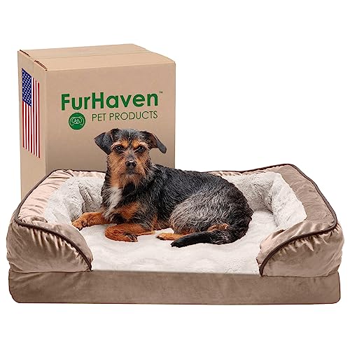 Furhaven Medium Memory Foam Dog Bed Perfect Comfort Plush & Velvet Waves Sofa-Style w/Removable Washable Cover - Brownstone, Medium von Furhaven