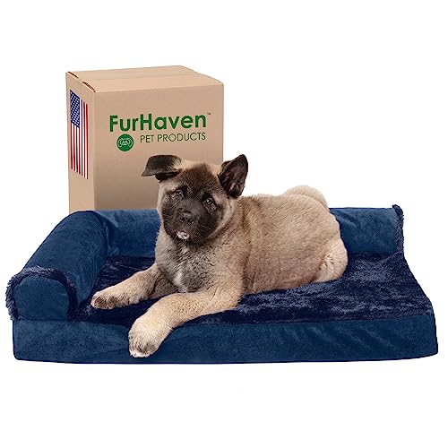 Furhaven Medium Memory Foam Dog Bed Plush & Velvet L Shaped Chaise w/Removable Washable Cover - Deep Sapphire, Medium von Furhaven