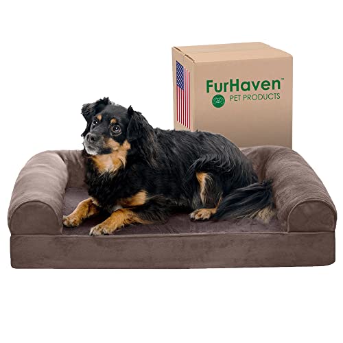 Furhaven Medium Orthopedic Dog Bed Faux Fur & Velvet Sofa-Style w/Removable Washable Cover - Driftwood Brown, Medium von Furhaven