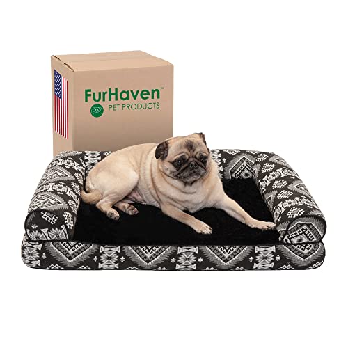 Furhaven Medium Orthopedic Dog Bed Plush & Southwest Kilim Decor Sofa-Style w/Removable Washable Cover - Black Medallion, Medium von Furhaven