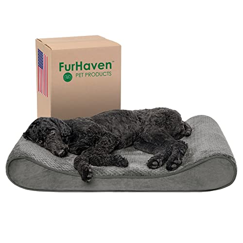 Furhaven Orthopädisches Hundebett für große und mittelgroße Hunde mit abnehmbarem waschbarem Bezug, für Hunde bis zu 17,2 kg – Minky Plüsch & Samt Luxe Liege Konturmatratze – Grau, Größe L von Furhaven