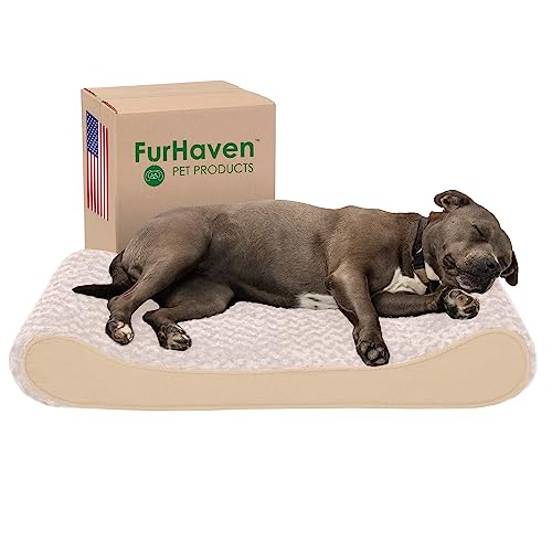 Furhaven Orthopädisches Hundebett, Ultra-plüschig, Kunstfell und Wildleder, Luxus-Liege, mit abnehmbarem, waschbarem Bezug, cremefarben, Größe L von Furhaven