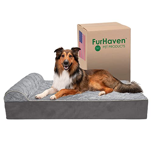 Furhaven Orthopädisches Hundebett für extra große Hunde, mit wasserabweisender Unterlage und abnehmbarem, waschbarem Bezug, für Hunde bis zu 136 kg – Goliath gestepptes Kunstfell und Nackenrolle mit von Furhaven