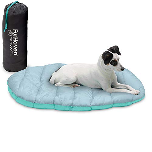 Furhaven Outdoor-Reise-Hundebett für kleine Hunde mit Tragetasche, waschbar und faltbar, ideal für Kisten und Zwinger – Trail Pup Reisekissenmatte mit Packsack – blau-grau (Aqua/Granitgrau), Größe S von Furhaven