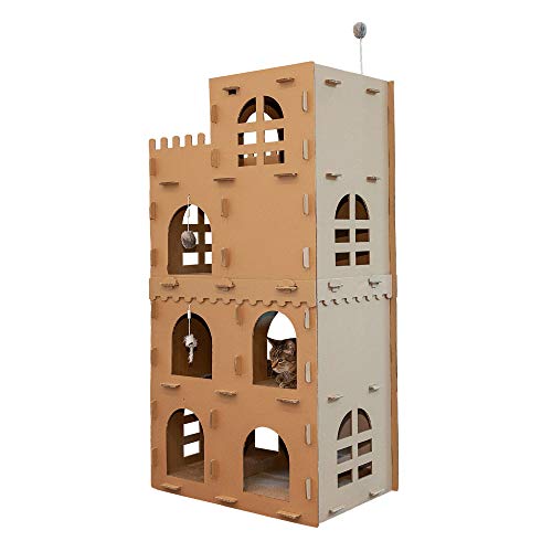 Furhaven Pet Cat Furniture – Tiger Tough High Castle Tower Spielplatz Wohnung Versteck Wellpappe Katzenkratzer mit Katzenminze für Katzen und Kätzchen, Karton (braun), Einheitsgröße von Furhaven