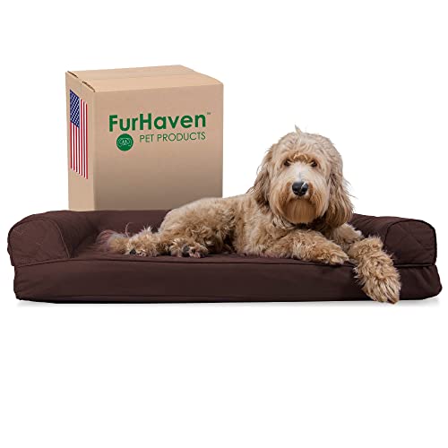 Furhaven Kühlendes Gel-Hundebett für große/mittelgroße Hunde mit abnehmbaren Nackenrollen und waschbarem Bezug, für Hunde bis zu 25 kg, gestepptes Sofa, Kaffeebraun, Größe L von Furhaven