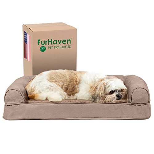 Furhaven Kühlendes Gel-Hundebett für mittelgroße und kleine Hunde, mit abnehmbaren Nackenrollen und waschbarem Bezug, für Hunde bis zu 15,9 kg, Plüsch- und Wildleder-Sofa, Mandelfarben, Größe M von Furhaven