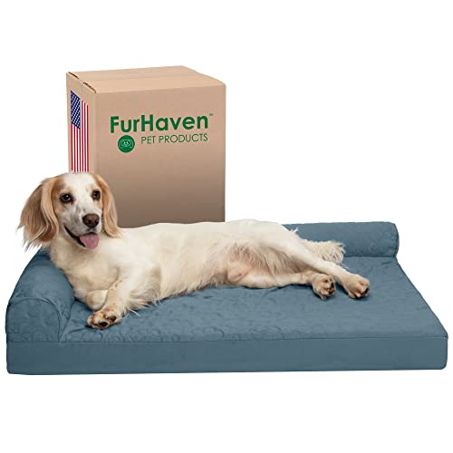 Furhaven Large Memory Foam Dog Bed Pinsonic Quilted Paw L Shaped Chaise w/Removable Washable Cover - Bluestone, Large von Furhaven