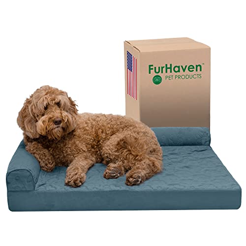 Furhaven Large Orthopedic Dog Bed Pinsonic Quilted Paw L Shaped Chaise w/Removable Washable Cover - Bluestone, Large von Furhaven