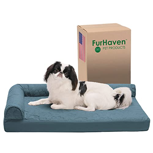 Furhaven Medium Orthopedic Dog Bed Pinsonic Quilted Paw L Shaped Chaise w/Removable Washable Cover - Bluestone, Medium von Furhaven