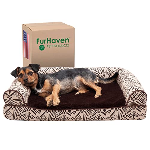 Furhaven Kühlendes Gel-Hundebett für mittelgroße und kleine Hunde mit abnehmbaren Nackenrollen und waschbarem Bezug, für Hunde bis zu 15,9 kg – Plüsch & Southwest Kelim gewebtes Dekor-Sofa – von Furhaven