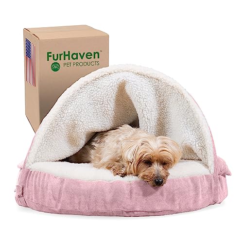 Furhaven Rundes Hundebett aus Memory-Schaum für mittelgroße und kleine Hunde, mit abnehmbarem, waschbarem Bezug, für Hunde bis zu 13,6 kg – Sherpa & Suede Snuggery – Rosa, 66 cm von Furhaven