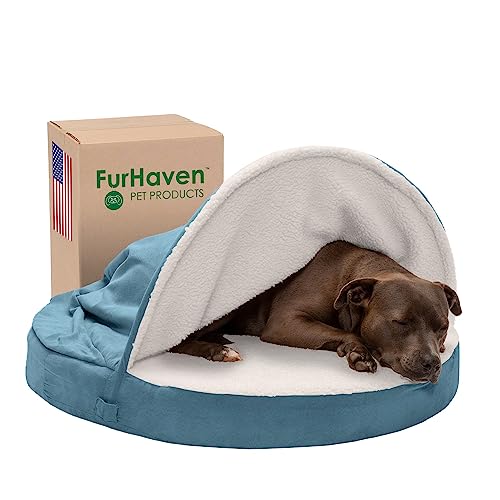 Furhaven Rundes Kühlgel-Hundebett für große und mittelgroße Hunde, mit abnehmbarem, waschbarem Bezug, für Hunde bis zu 22,7 kg – Sherpa & Suede Snuggery – Blau, 88,9 cm von Furhaven