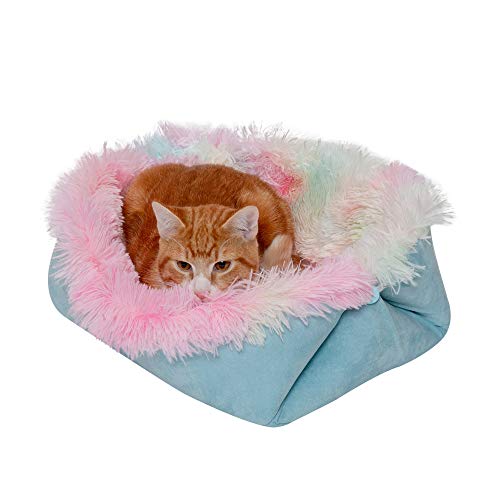 Furhaven Small Cat Bed Self-Warming Long Faux Fur & Suede Convertible Cuddler, Washable - Rainbow, Small von Furhaven