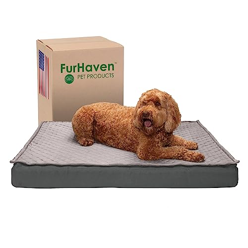 FurHaven XL kühlendes Gel-Schaum-Hundebett, wasserabweisend, für drinnen und draußen, Steppdecke, umwandelbare Matratze mit abnehmbarem, waschbarem Bezug, Grau, Jumbo (XL) von Furhaven