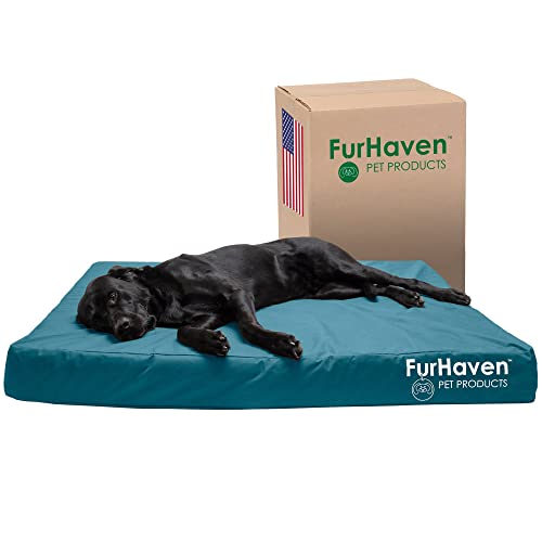 Furhaven Wasserabweisendes, orthopädisches Hundebett für große Hunde mit abnehmbarem waschbarem Bezug, für Hunde bis zu 56,7 kg – Indoor/Outdoor Logo-Druck Oxford Polycanvas Matratze – Deep Lagoon, von Furhaven