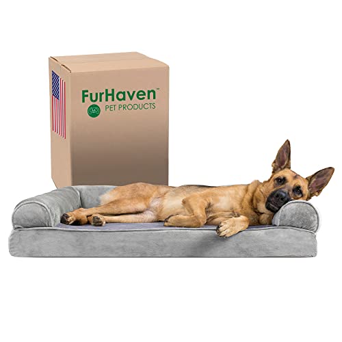 Furhaven XL Memory Foam Dog Bed Faux Fur & Velvet Sofa-Style w/Removable Washable Cover - Smoke Gray, Jumbo (X-Large) von Furhaven