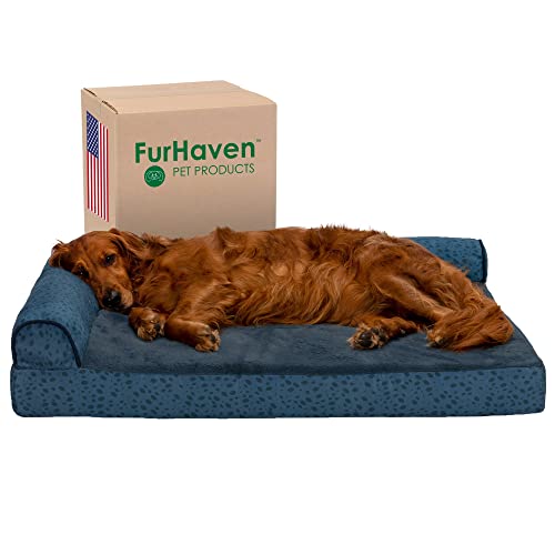Furhaven XL Memory Foam Dog Bed Plush & Almond Print L Shaped Chaise w/Removable Washable Cover - Blue Almonds, Jumbo (X-Large) von Furhaven