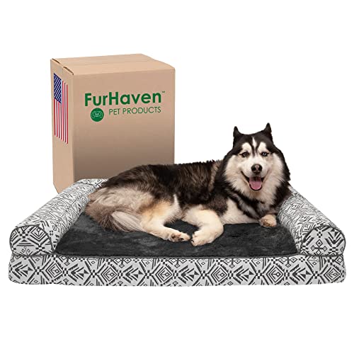 Furhaven XL Memory Foam Dog Bed Plush & Southwest Kilim Decor Sofa-Style w/Removable Washable Cover - Boulder Gray, Jumbo (X-Large) von Furhaven