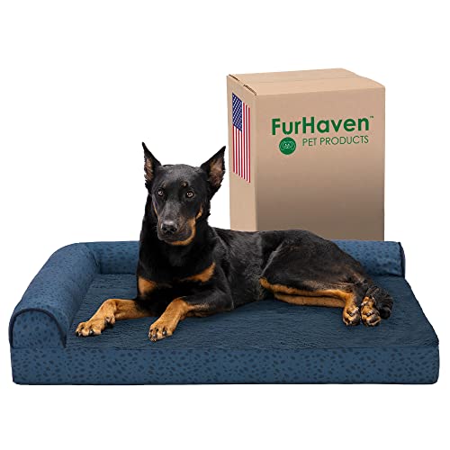 Furhaven XL Orthopedic Dog Bed Plush & Almond Print L Shaped Chaise w/Removable Washable Cover - Blue Almonds, Jumbo (X-Large) von Furhaven