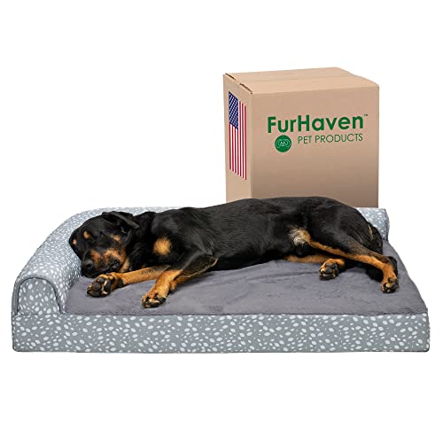 Furhaven XL Orthopedic Dog Bed Plush & Almond Print L Shaped Chaise w/Removable Washable Cover - Gray Almonds, Jumbo (X-Large) von Furhaven