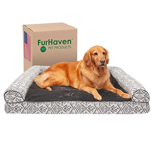 Furhaven XL kühlendes Gel-Schaumstoff-Hundebett, Plüsch- und Südwest-Kelim-Dekor, Sofa-Stil mit abnehmbarem, waschbarem Bezug, Fliedergrau, Jumbo (Größe XL) von Furhaven