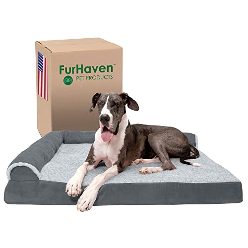 Furhaven XXL Memory Foam Dog Bed Two-Tone Faux Fur & Suede L Shaped Chaise w/Removable Washable Cover - Stone Gray, Jumbo Plus (XX-Large) von Furhaven