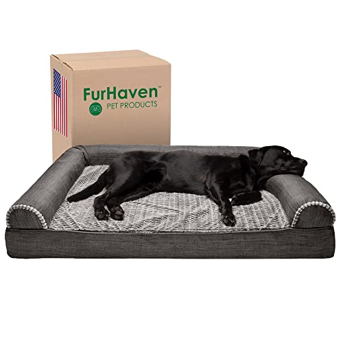 Furhaven XXL Orthopedic Dog Bed Luxe Faux Fur & Performance Linen Sofa-Style w/Removable Washable Cover - Charcoal, Jumbo Plus (XX-Large) von Furhaven