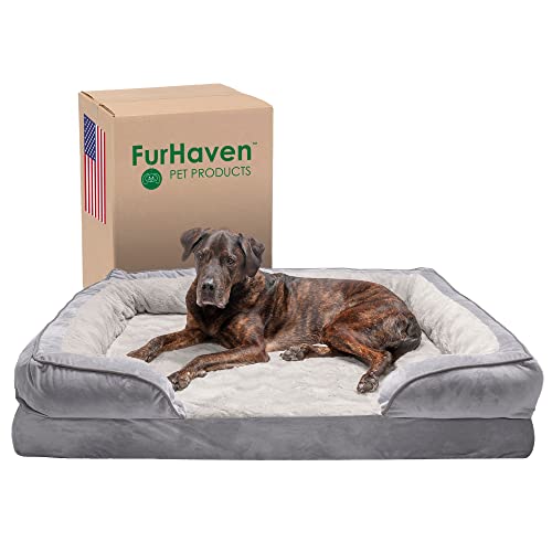 Furhaven XXL Orthopedic Dog Bed Perfect Comfort Plush & Velvet Waves Sofa-Style w/Removable Washable Cover - Granite Gray, Jumbo Plus (XX-Large) von Furhaven