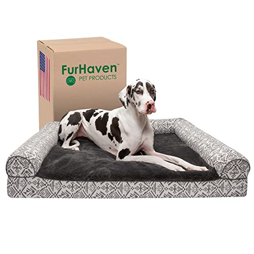 Furhaven Kühlendes Gel-Hundebett für große Hunde mit abnehmbaren Nackenrollen und waschbarem Bezug, für Hunde bis zu 56,7 kg, Plüsch und Südwest-Kelim gewebtes Dekor-Sofa, Bouldergrau, Jumbo Plus/XXL von Furhaven