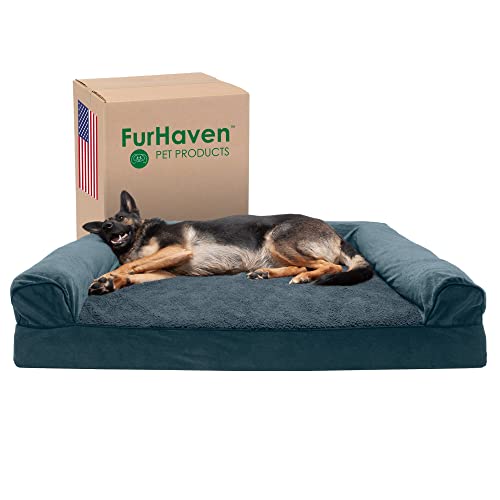 Furhaven Kühlendes Gel-Hundebett für große Hunde mit abnehmbaren Nackenrollen und waschbarem Bezug, für Hunde bis zu 57 kg, Sherpa- und Chenille-Sofa, Orionblau, Jumbo Plus/XXL von Furhaven