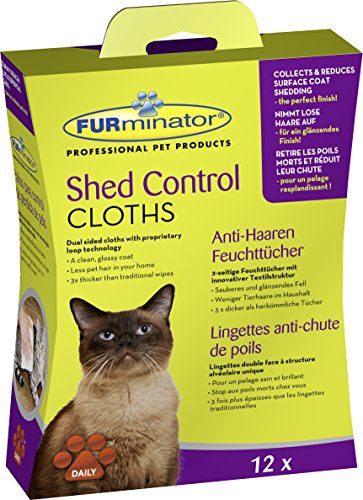 FURminator Shed Control Cloths Anti-Haaren Feuchttücher für Katzen, Fellpflege entfernt lose Tierhaare vom Katzenfell sowie Kleidung und Möbeln, 1 Paket mit 12 Stück von Furminator