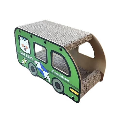 FurorMeow Katzenkratzbrett, grüner Bus-Kratzer, Doppelschicht-Pappbett und Haus, 22,9 x 30,8 x 55,9 cm, Spaß zum Spielen und Tunnel zum Ausruhen für M & L Katzen, schützt Trainer vor Kratzern von FurorMeow