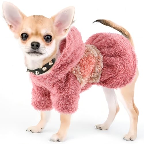 Kleine Hundepullover, Fleece, süßes Hundekleid für kleine Hunde, Frühling Winter, warme Welpenkleidung für Chihuahua, Yorkie, Bulldogge, Dackel, kaltes Wetter, Haustierkatzenkleidung, Rosa, Gelb von Furpeg