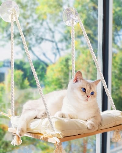 Katzenfensterstange – Katzenhängematte für Fenster – Massivholzsitz & Starke Saugnäpfe – Katzenfensterbett & Möbel für Katzen im Inneren – Hängendes Fensterregal für kleine, mittelgroße Indoor-Katzen von Furrfinity