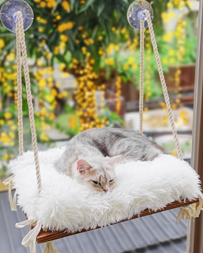 Katzenfensterstange – Katzenhängematte für Fenster – Massivholzsitz & starke Saugnäpfe – pelziges Katzenfensterbett & Möbel für Katzen im Inneren – Flauschiges hängendes Fensterregal für kleine, von Furrfinity