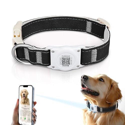 Furrigo Airtag Hundehalsband, IP68 wasserdicht, integrierte Airtag-Halterung, QR-Code, strapazierfähiger Baumwollhanf, Schwarz, XL, für Hunde jeder Größe von Furrigo