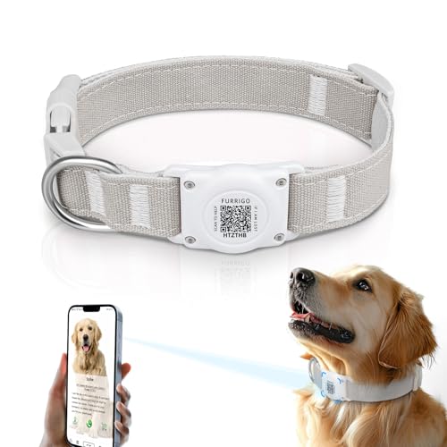 Furrigo Airtag Hundehalsband, IP68 wasserdicht, integrierte Airtag-Halterung, QR-Code, strapazierfähiger Baumwollhanf, Grau, S-XL, für kleine bis große Hunde von Furrigo