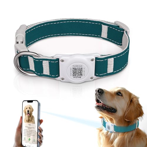 Furrigo Airtag Hundehalsband, IP68 wasserdicht, integrierte Airtag-Halterung, QR-Code für Online-Profil, strapazierfähiger Baumwollhanf, passend für mittelgroße Hunde, Aquamarin von Furrigo