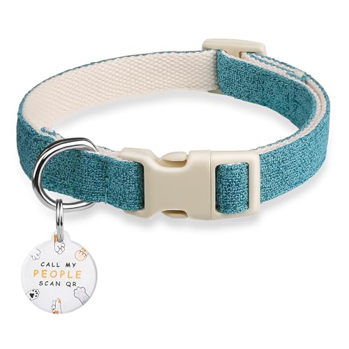 Hundehalsband aus Baumwolle mit QR-Code, langlebig, bequem, personalisierte Namensschilder, strapazierfähiges Hundehalsband für kleine, mittelgroße und große Hunde (Cyanblau, M) von Furrigo