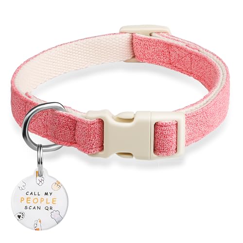 Hundehalsband aus Baumwolle mit QR-Code, langlebig, bequem, personalisierte Namensschilder, strapazierfähiges Hundehalsband für kleine, mittelgroße und große Hunde (Rosa, S) von Furrigo