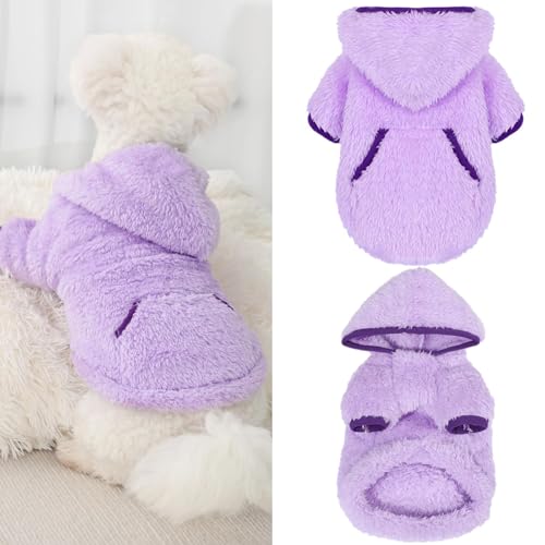 Fleece-Hundepullover mit Kapuze, warm, flauschiger Samtpullover, Hunde-Winterkleidung für kleine Hunde, Mädchen und Jungen, Haustiermäntel, Katzenbekleidung (Lila Grape, Größe M) von Furrymong