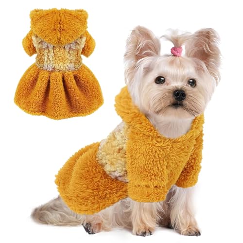 Fuzzy Fleece Hund Winterkleidung Hund Hoodie Kleider Thermo Rock Mädchen Hundekleid für kleine Hunde Dicke Jacke Welpen Outfits Mantel Katze Sweatshirt Bekleidung Gelb XS von Furrymong