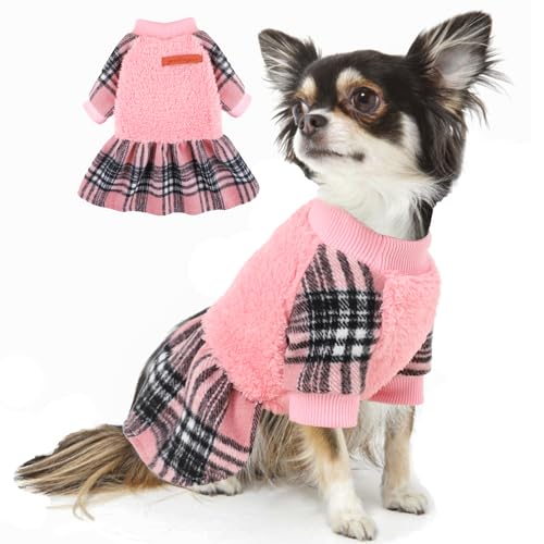 Klassischer rosa Hundepullover für kleine Hunde, Mädchen, warmer Fleece-Pullover, niedliche Hundekleider für Yorkie, Chihuahua, Shih Tzu, Katze, Haustier-Outfits, Kleidung, Rosa, Größe XS von Furrymong