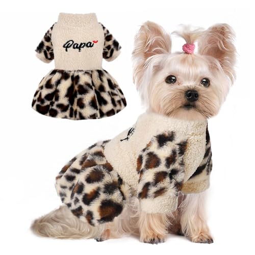 Leopard Dog Sweater Dress Winter Warm Dog Dresses for Small Dogs Soft Stretchy Fleece Pet Dog Sweater Clothes Puppy Clothing Cat Apparel (Beige, Medium) von Furrymong