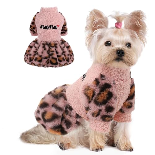 Leopard Dog Sweater Dress Winter Warm Dog Dresses for Small Dogs Soft Stretchy Fleece Pet Dog Sweater Clothes Puppy Clothing Cat Apparel (Pink, Medium) von Furrymong